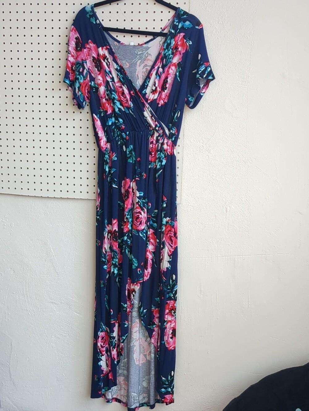 Navy Floral Maxi Wrap Dress with Pink Rose Print